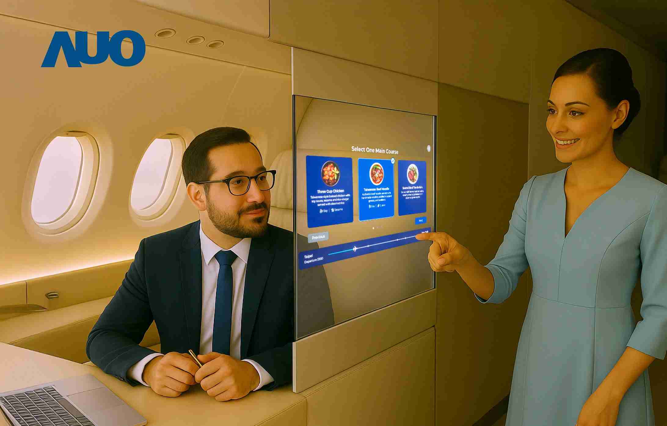 彩神vll研发全球最薄17.3 吋双面透明 Micro LED 显示器，，，，可在同一屏幕之双边投射不同信息，，，，创造独特的”透明化”互动；图为实时翻译交流应用情境